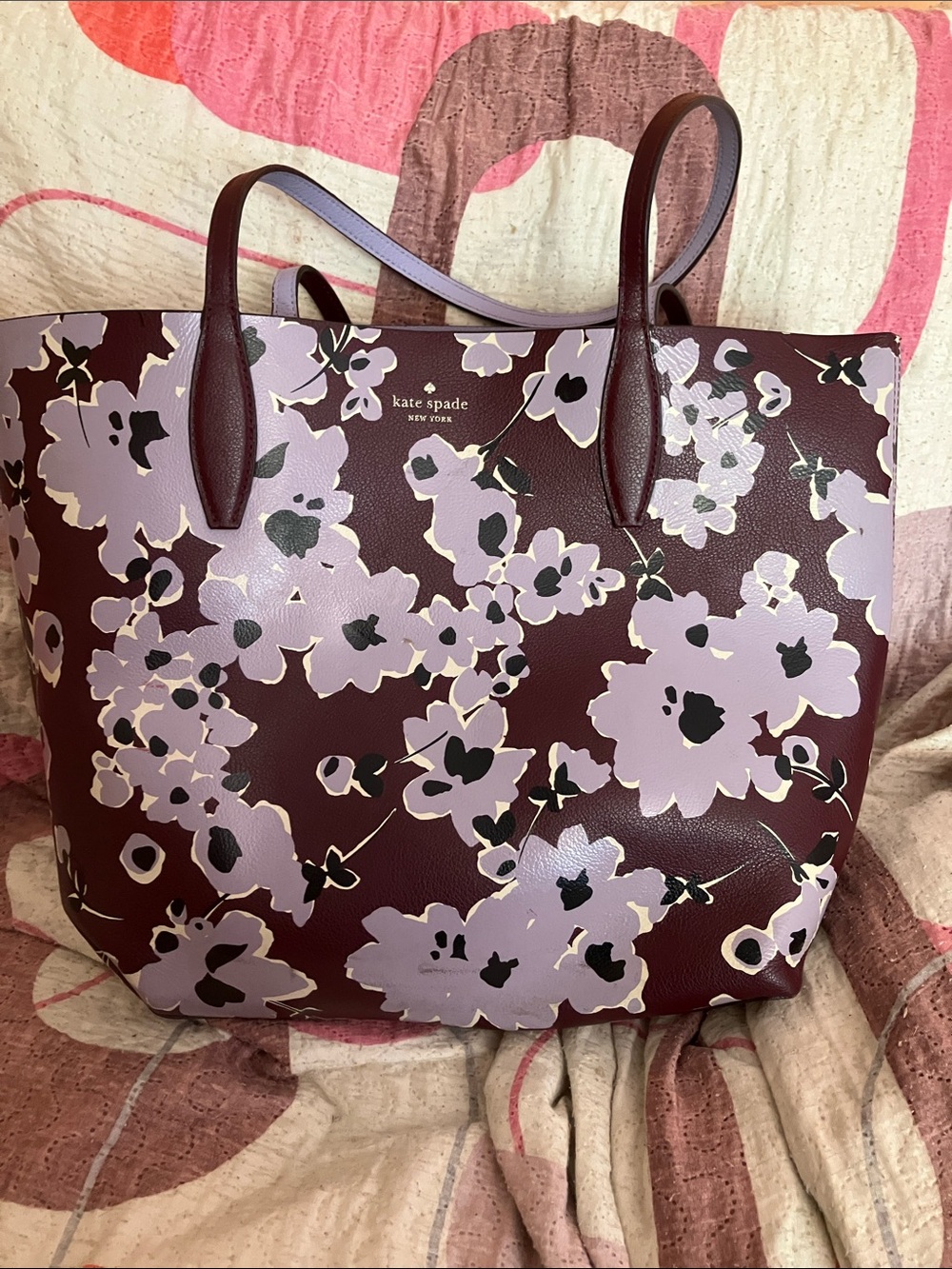 kate spade Floral Print Tote Bag - Burgundy with Lavender Flowers